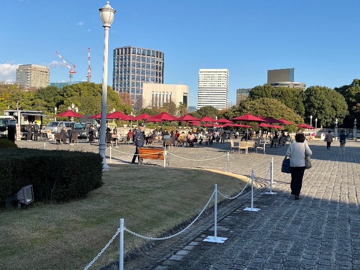 Tables and chairs in the plaza for you to hang out and enjoy the view